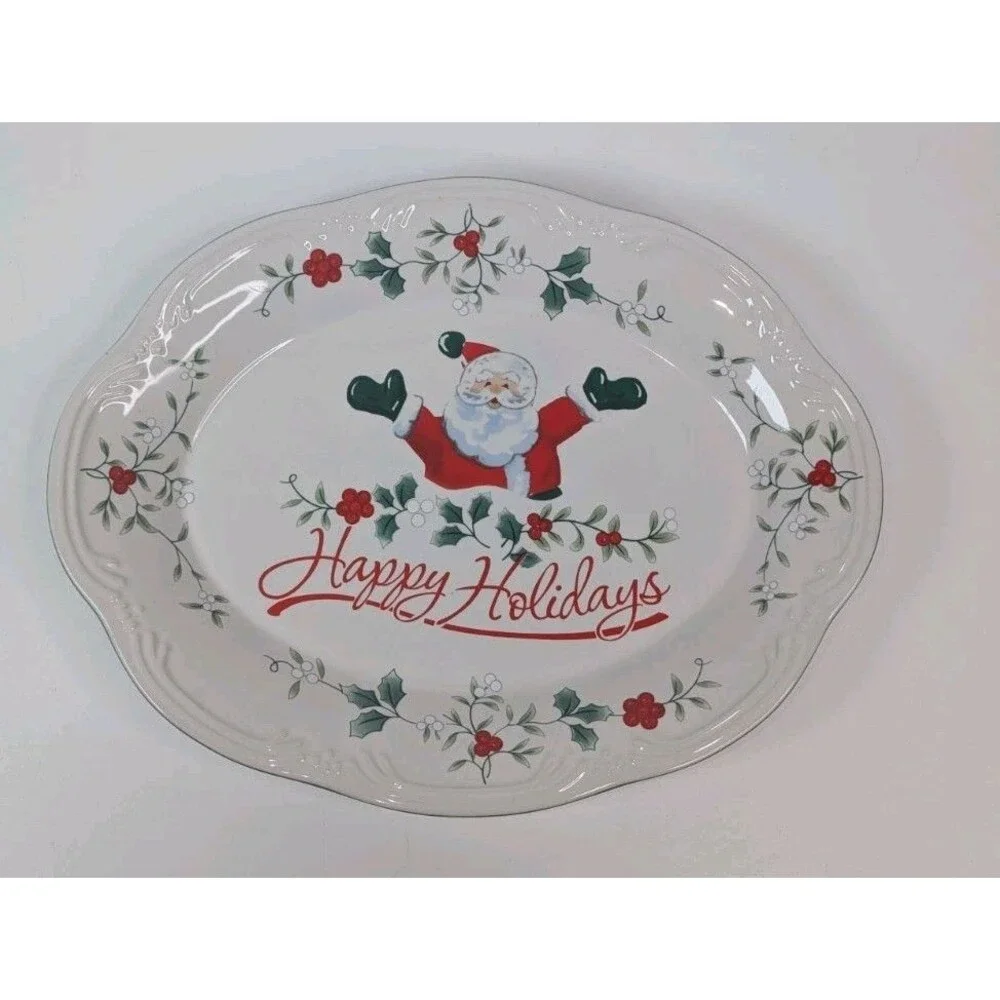 WINTERBERRY Pfaltzgraff Happy Holidays Santa Oval Platter Tray Open Box